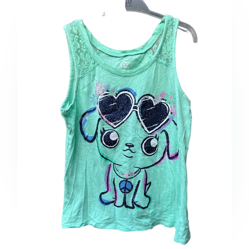 ⭐️⭐️⭐️4 for$12⭐️⭐️⭐️Justice Graphic Tank Top with Lace Strap Sea-foam Green